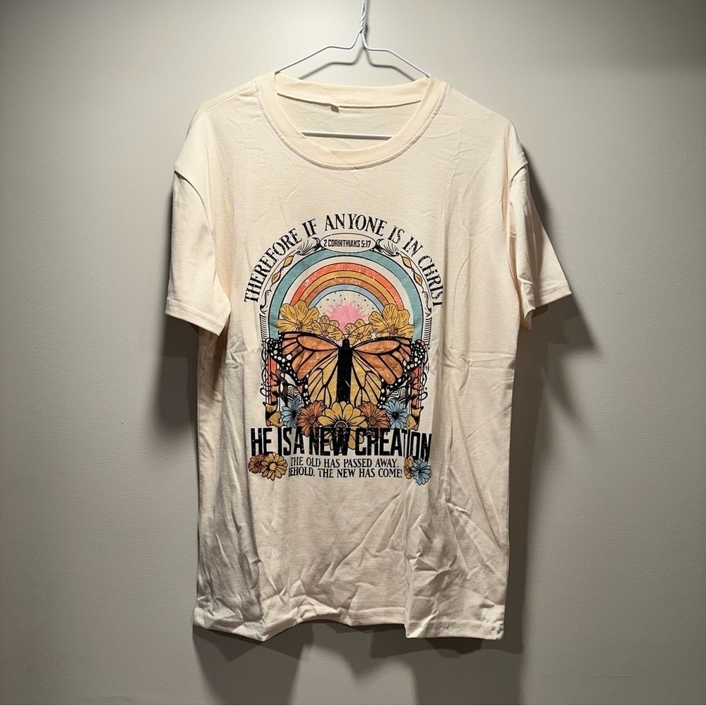 Christian Retro T-Shirt Bible Verse Crew Neck Butterfly Rainbow Soft Medium - Picture 3 of 8